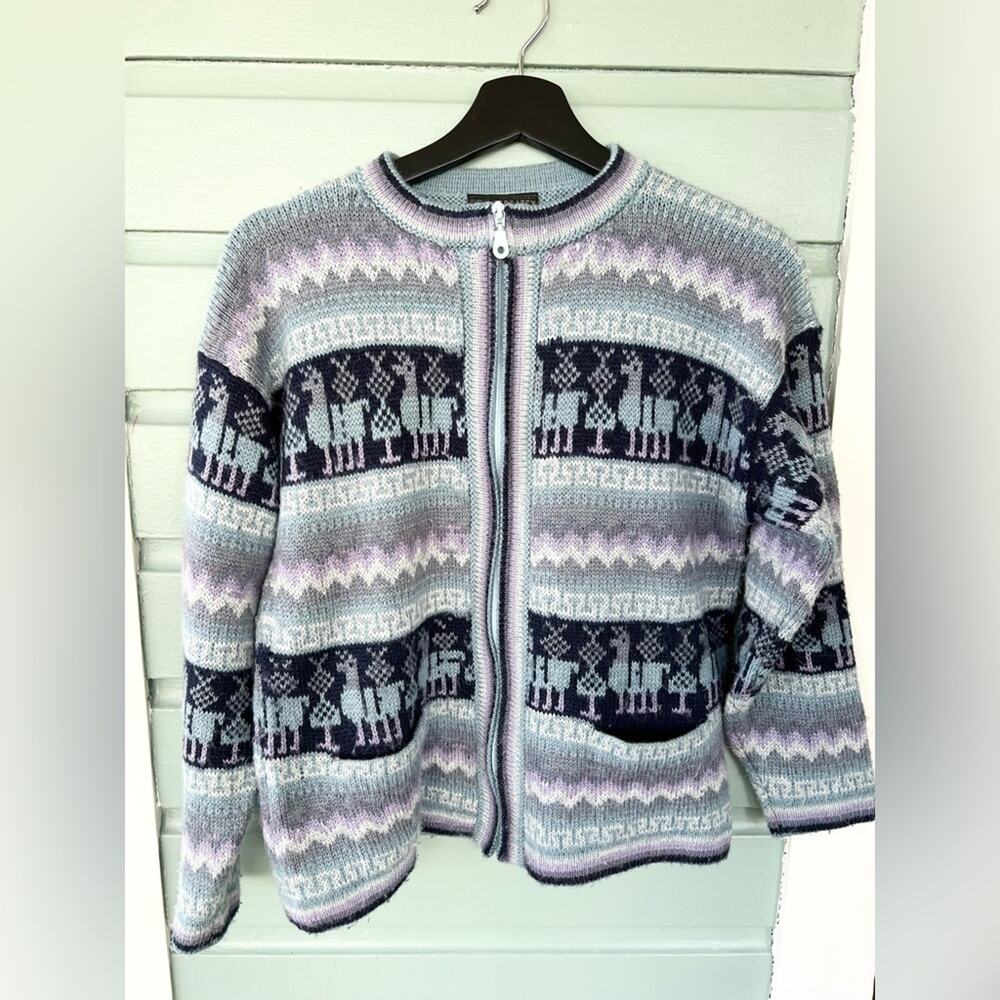 Vintage sebsatex 100% alpaca blue zip up sweater cozy warm fall winter granny